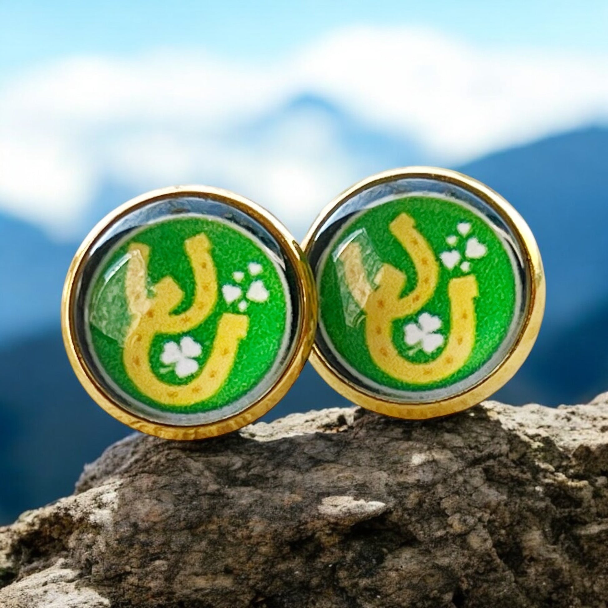 Lucky Horseshoe Stud Earrings – Green & Gold St. Patrick’s Day Jewelry for Her
