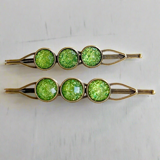 Green Shimmer Hair Pins – Sparkly Boho Hair Accessories Antique Bronze Finish