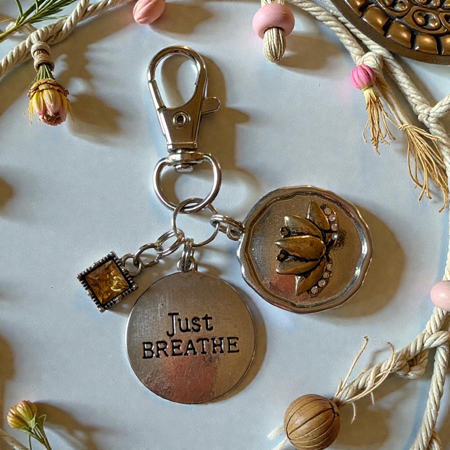 Just Breathe Lotus Purse Charm – Silver Bag Clip Keychain