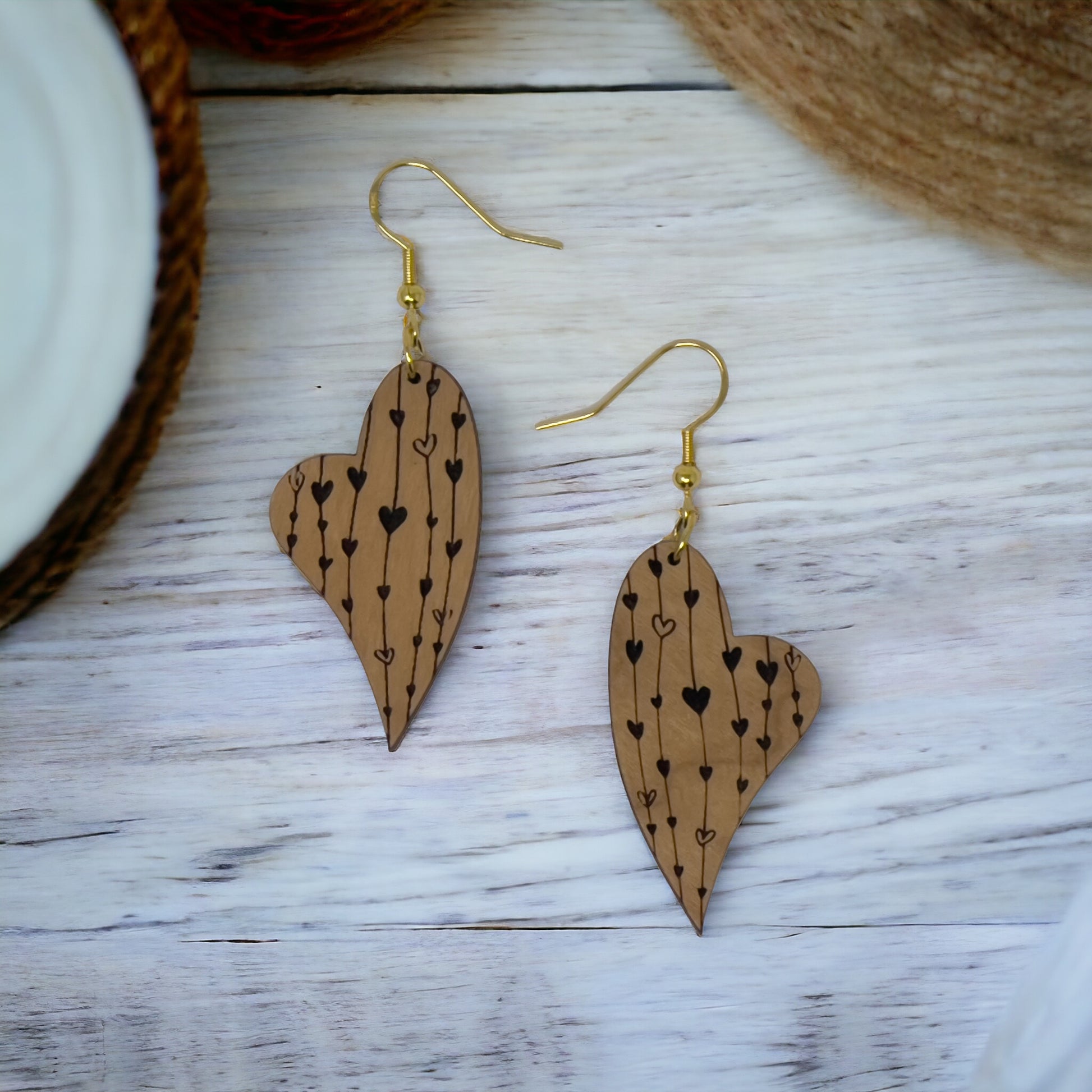 Etched Heart Drop Earrings – Asymmetrical Wooden Love Jewelry with Gold Hooks