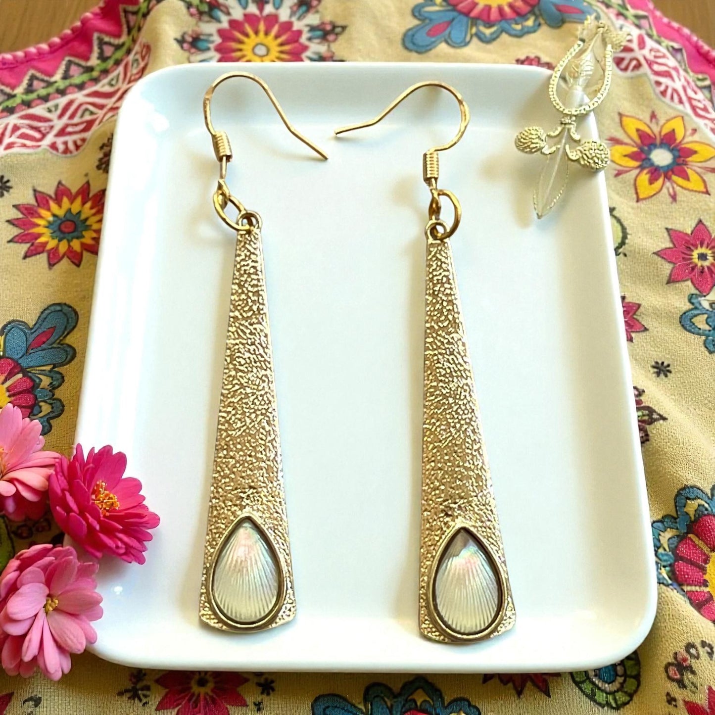 Textured Gold Teardrop Earrings – Iridescent Shell Dangles