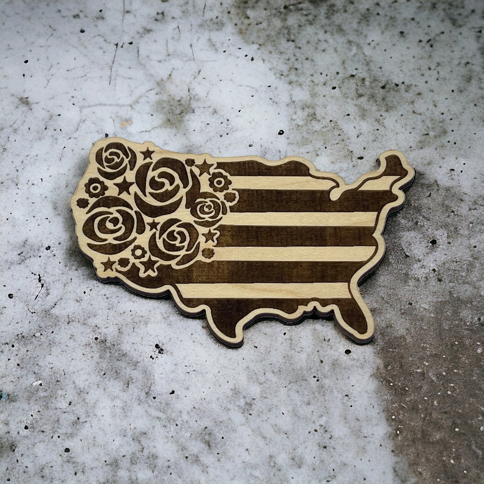 USA Shaped Magnet for Home Work School Office, Patriotic Decor Gift, Floral United States Flag Paintable Magnet, Boho Flower Wood Decoration