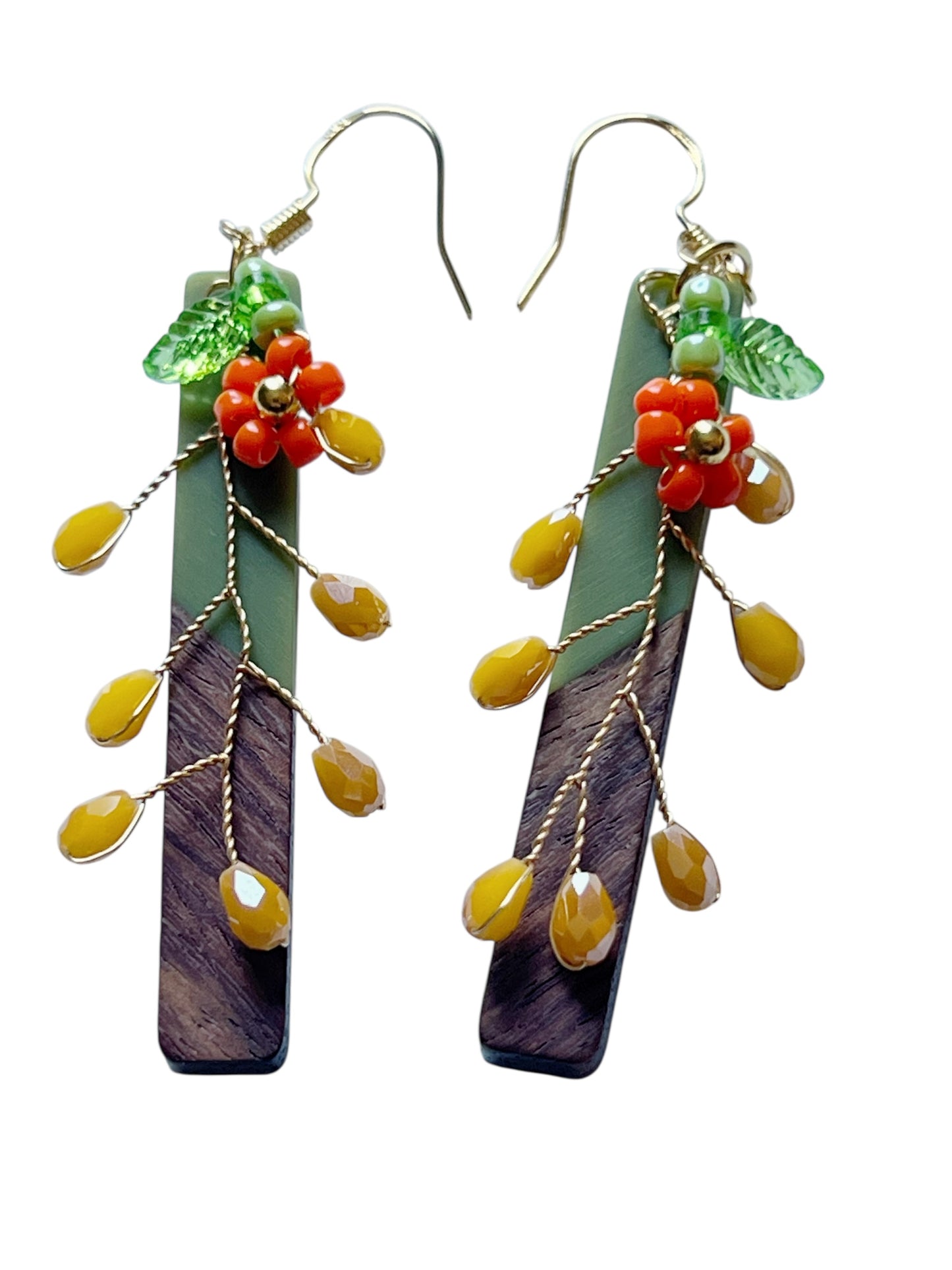 Autumn Vine Wood & Green Bar Earrings – Boho Fall Floral Drops
