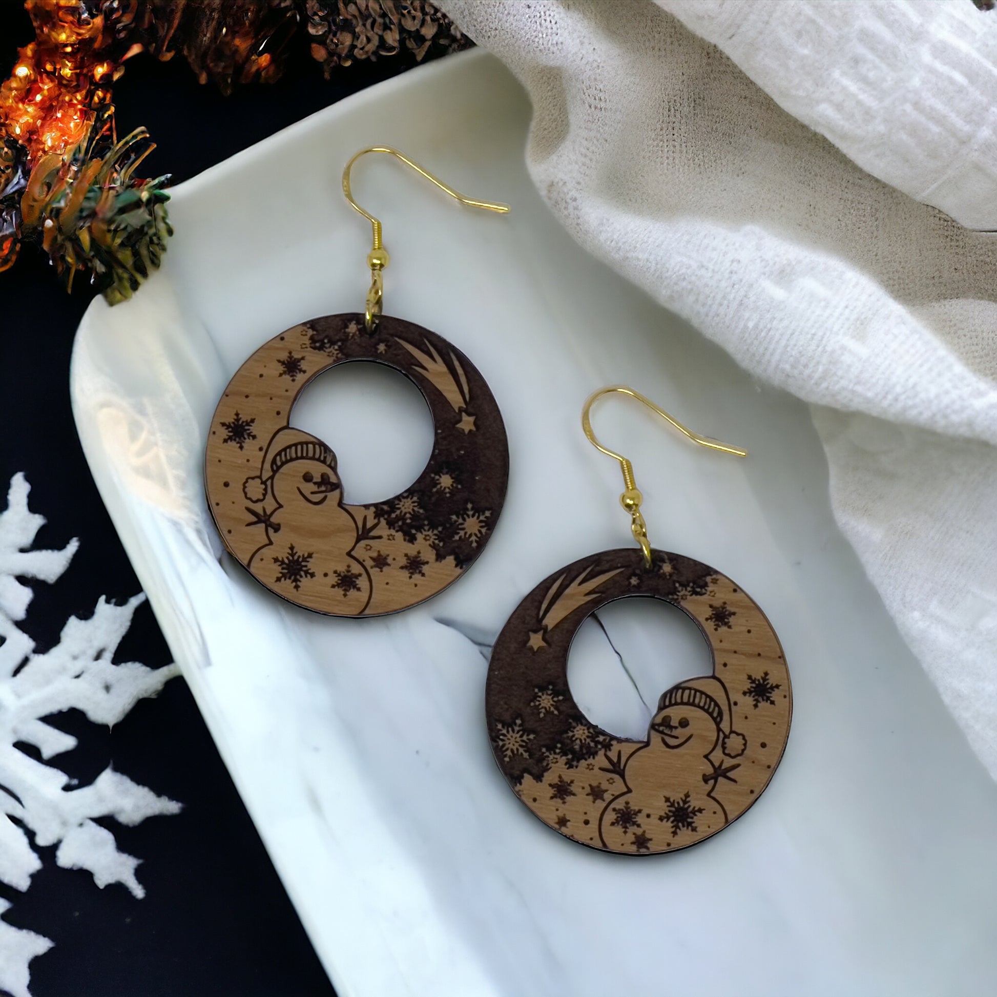 Snowman Moon Wood Earrings – Handmade Winter Holiday Jewelry