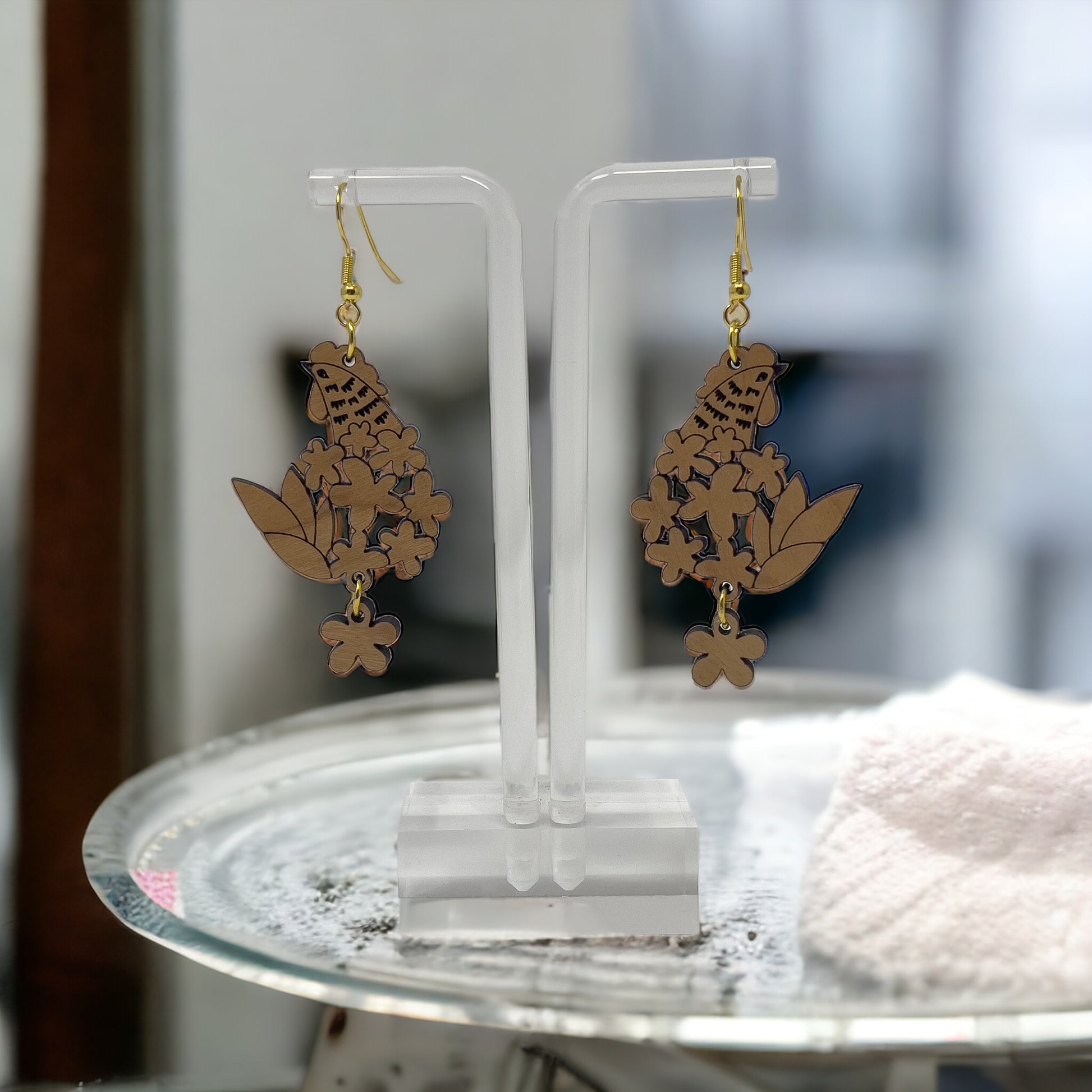 Floral Chicken Wood Earrings – Boho Farmhouse Nature Jewelry