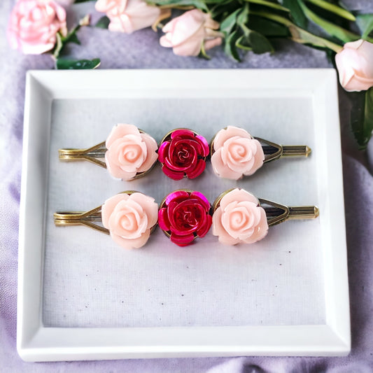 Pink & Red Rose Hair Pins – Vintage-Inspired Floral Bobby Pin Set