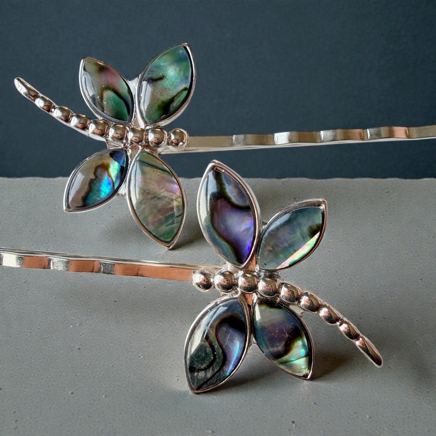 Abalone & Silver Dragonfly Hair Pin Set – Natural Shell Bobby Pins for Women