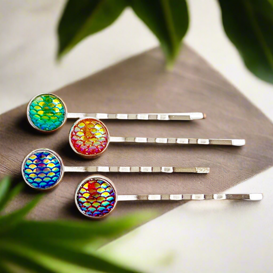 Silver Mermaid Hair Pins: Set of 4 in Purple, Green, Red, & Blue