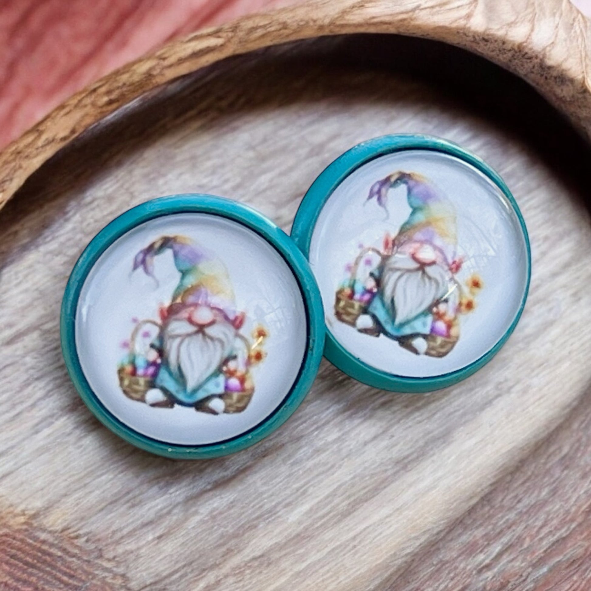 Handmade Easter Gnome Stud Earrings – 12mm Wooden Teal Edge Jewelry