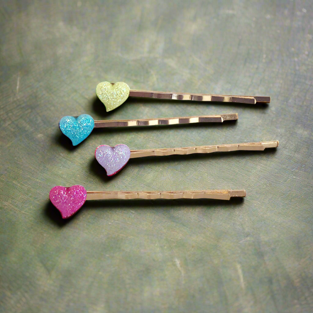 Tiny Pink, Purple, Yellow & Blue Glitter Heart Hair Pins