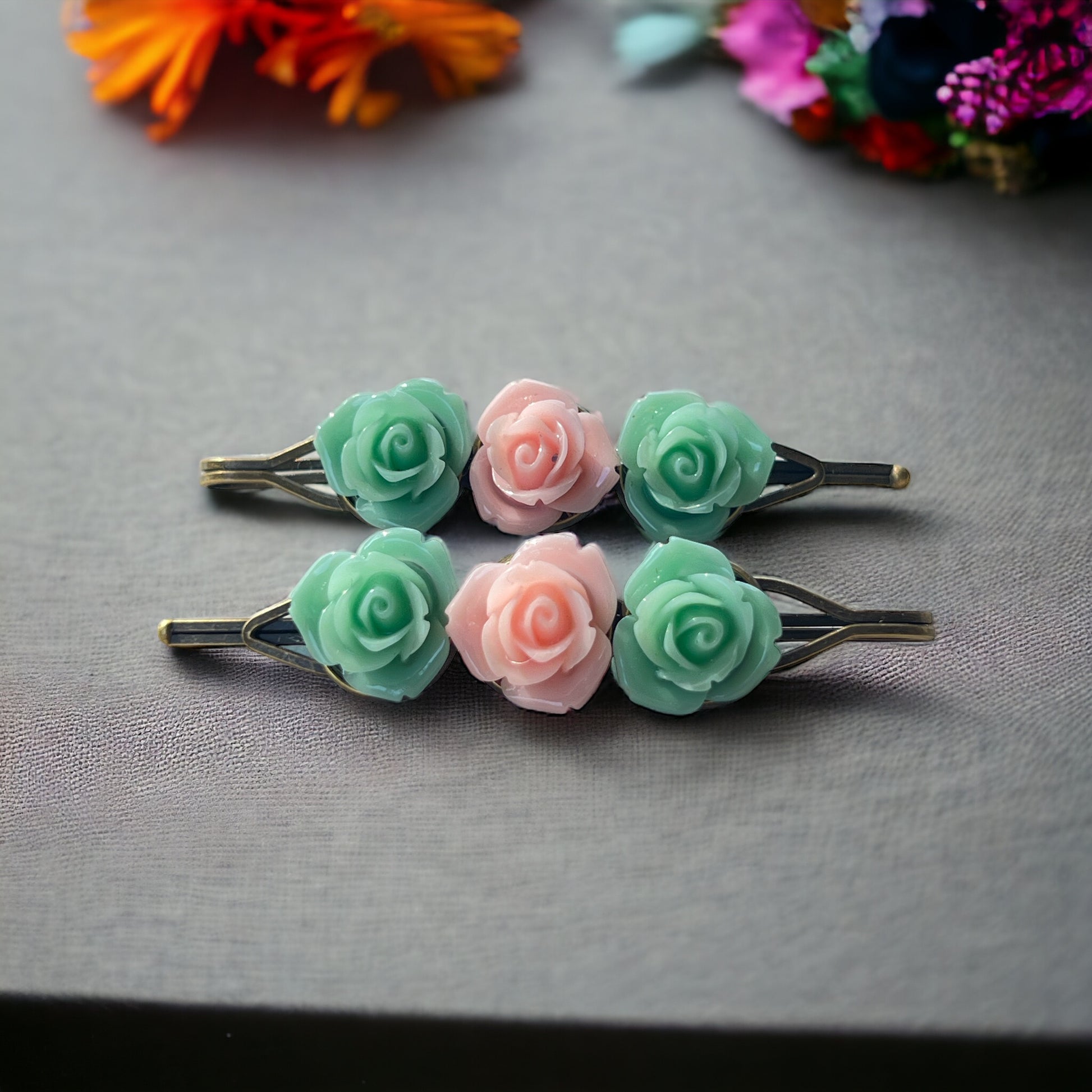 Mint & Blush Rose Hair Pins – Set of 2 Cottagecore Accessories