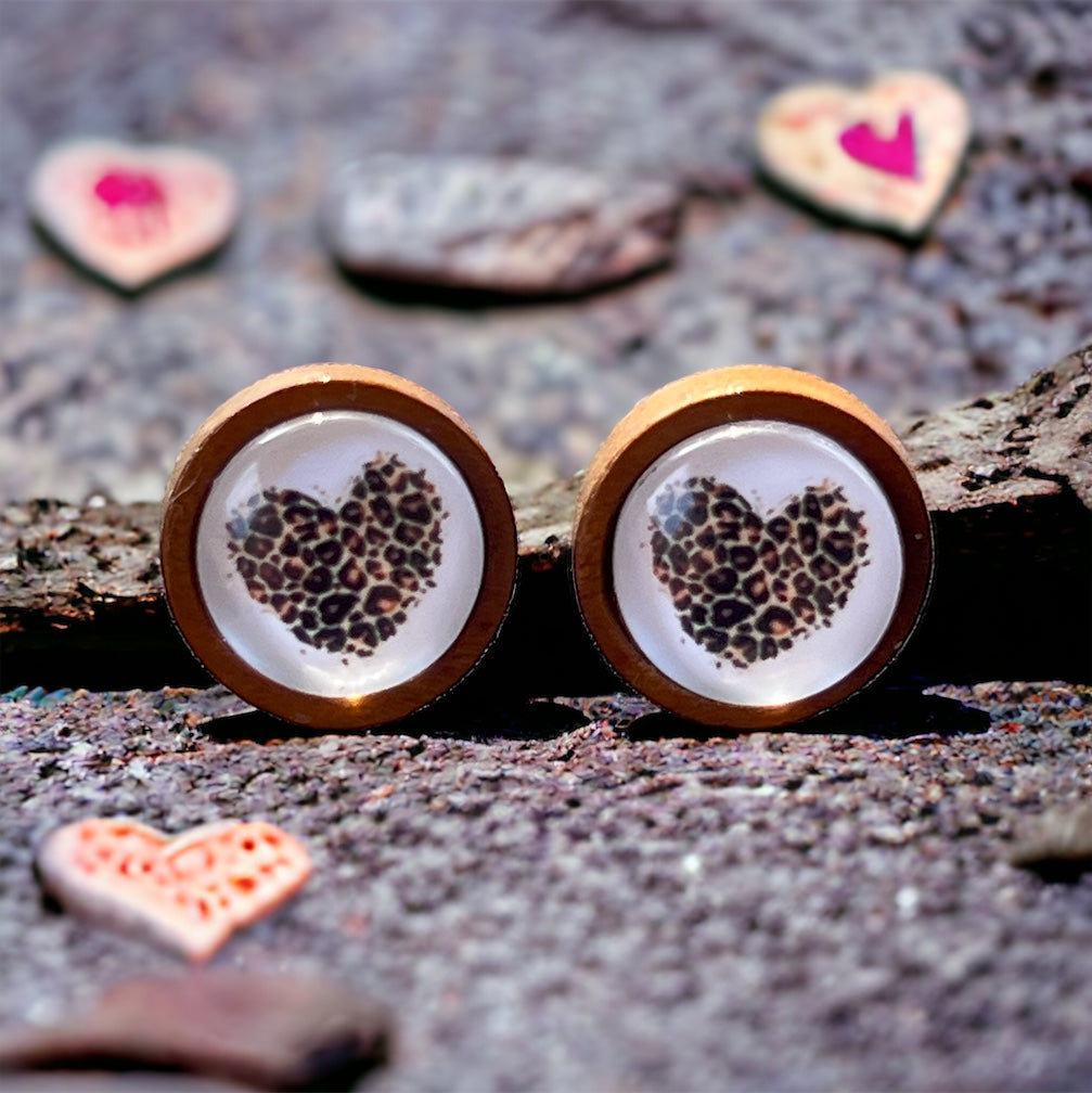 Wooden Leopard Print Heart Stud Earrings – Wild & Playful Statement Jewelry