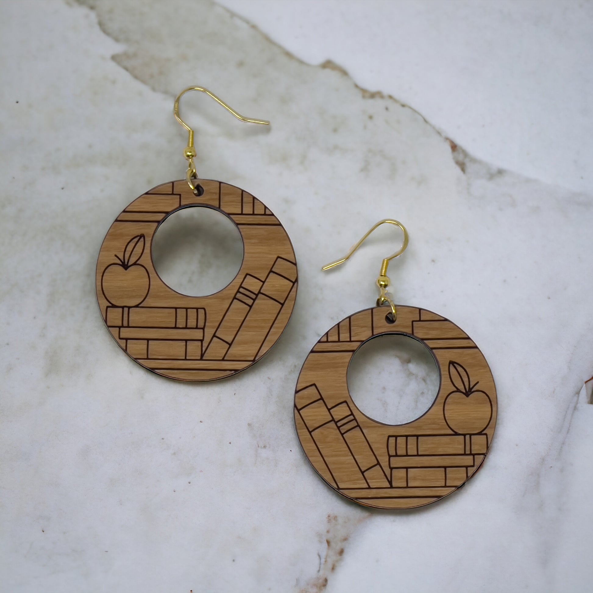 Apple & Books Wood Earrings – Boho Jewelry for Teachers