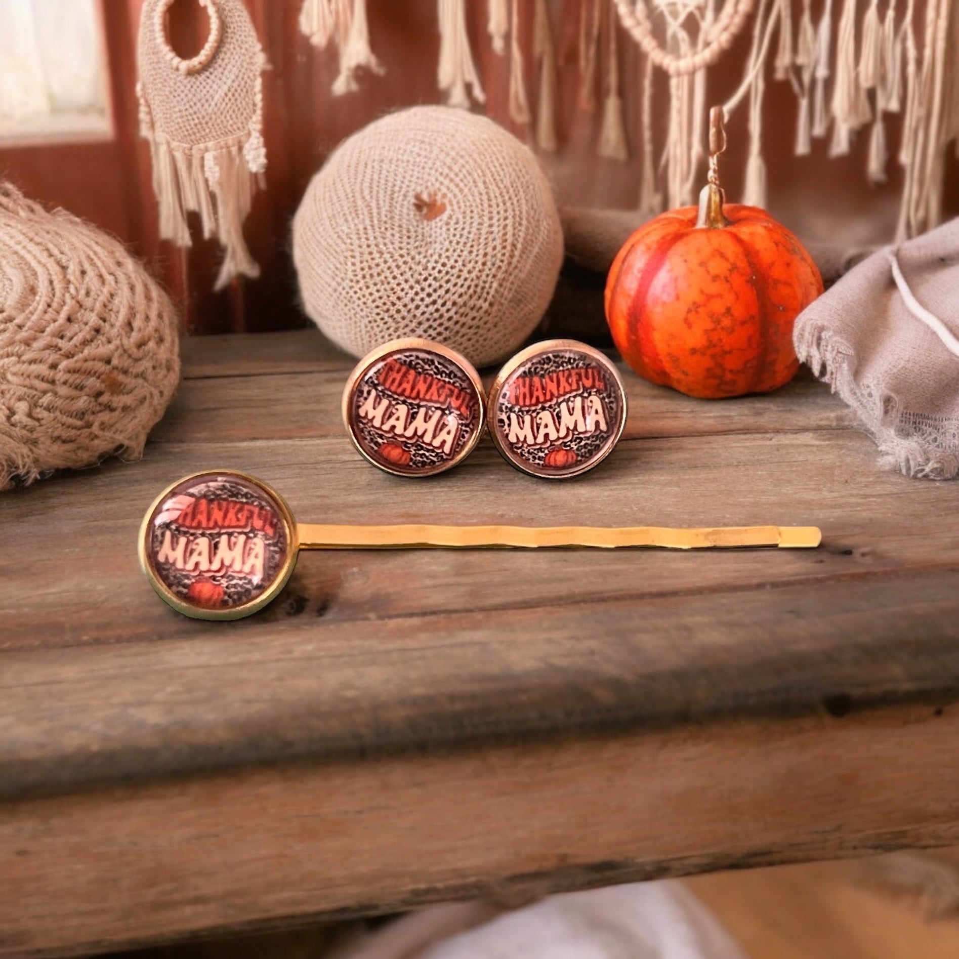 Thankful Mama Fall Thanksgiving Gold Hair Pin & Earring Set