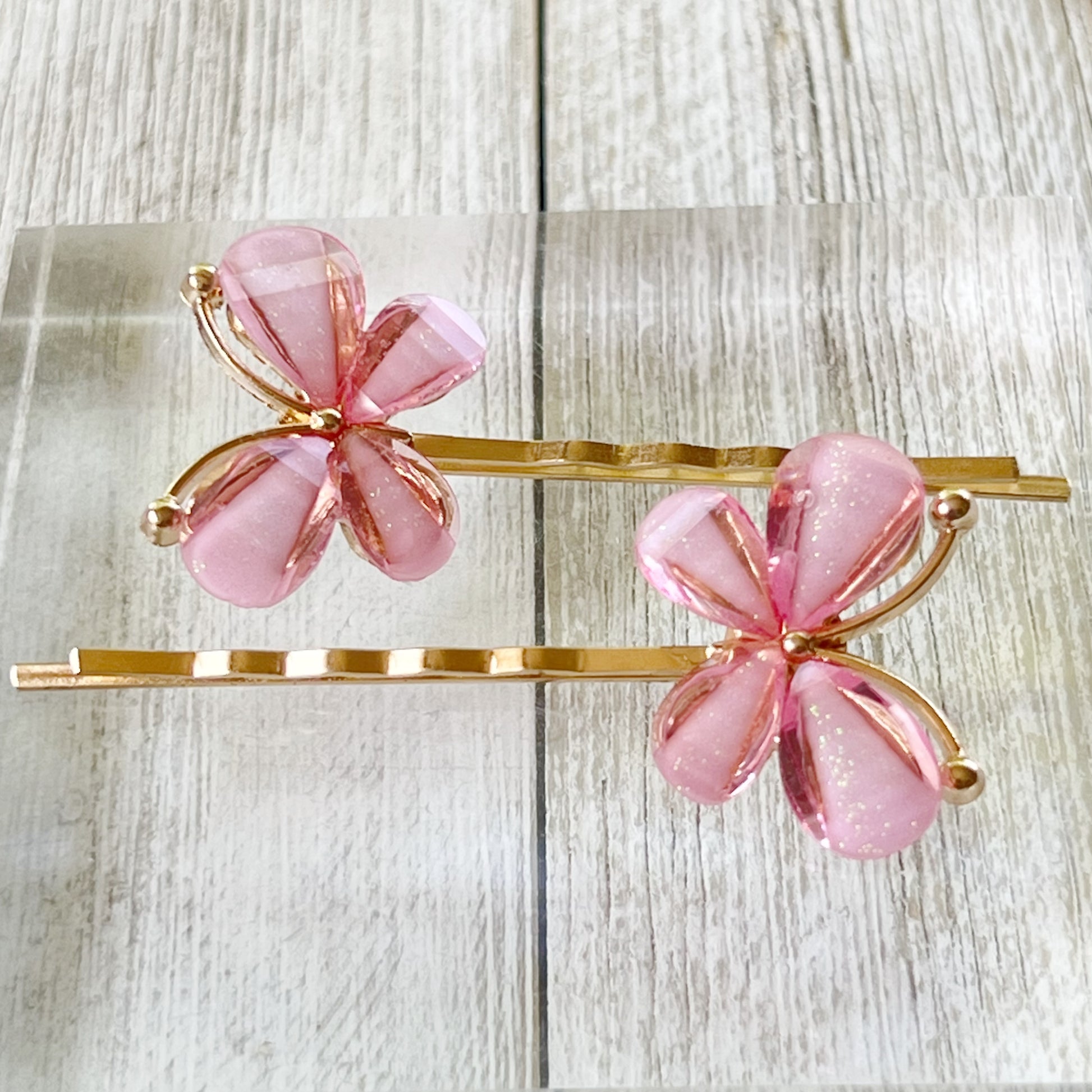 Pink Butterfly Hair Pins – Glittery Resin Hair Clips with Gold Base