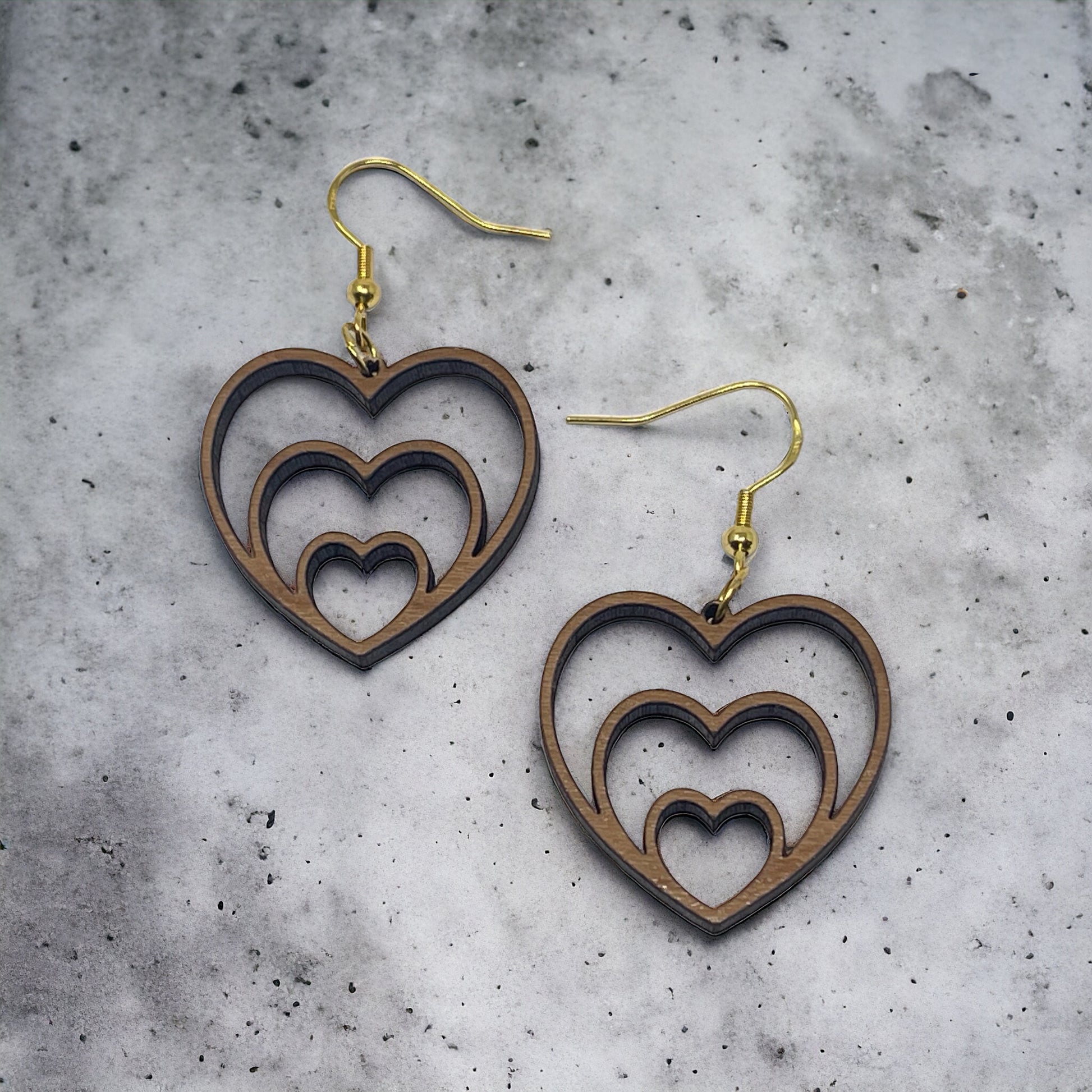 Nested Triple Heart Wood Earrings, Rustic Valentines Dangle Earrings, Cute Holiday Earrings, Wooden Cutout Earrings, Country Western Boho Jewelry