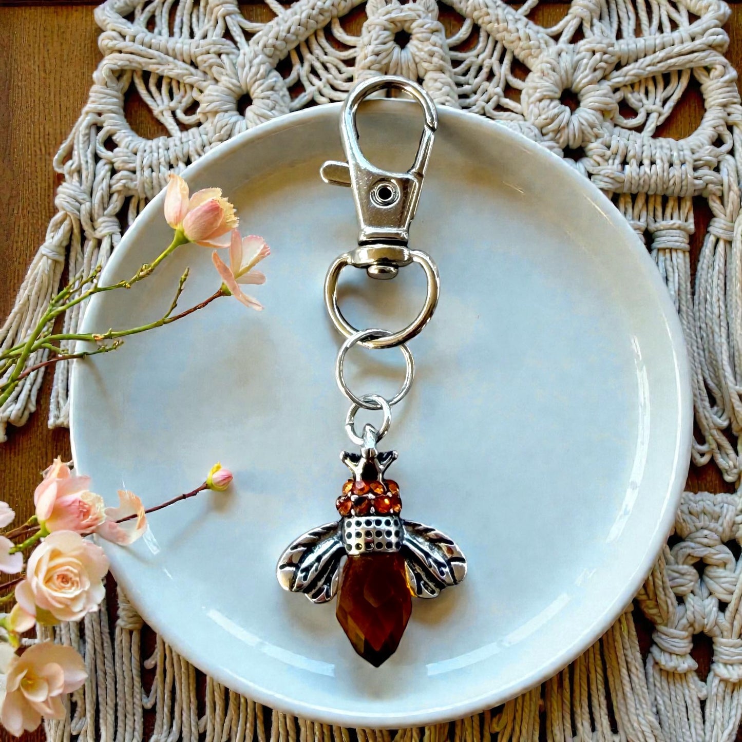 Amber Bee Purse Charm – Silver Boho Nature-Inspired Keychain