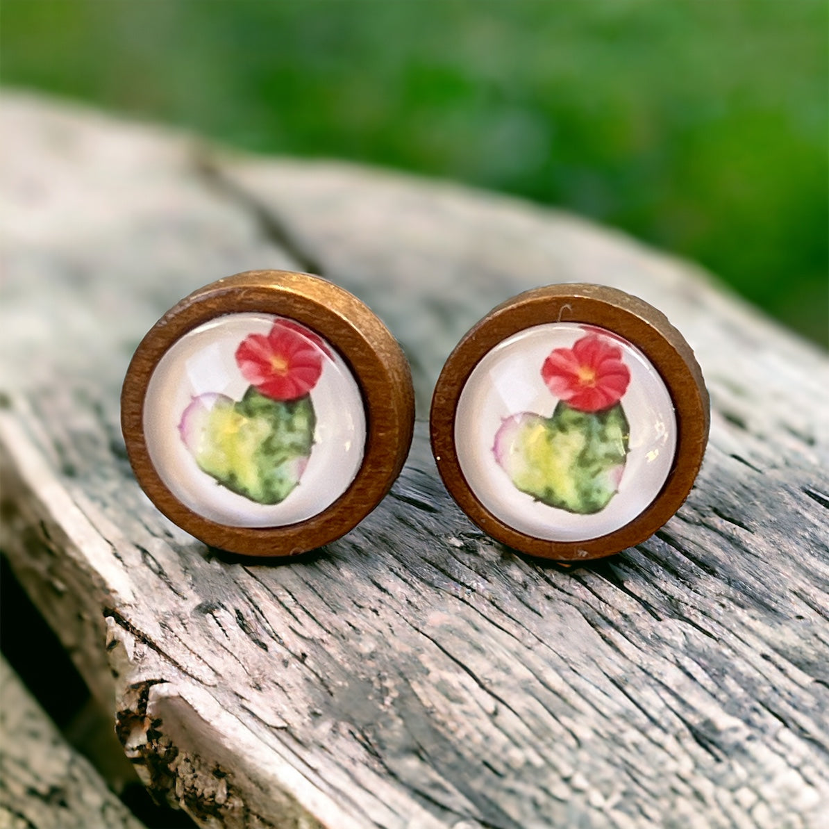 Cactus Bloom Stud Earrings – Wooden Desert-Inspired Jewelry