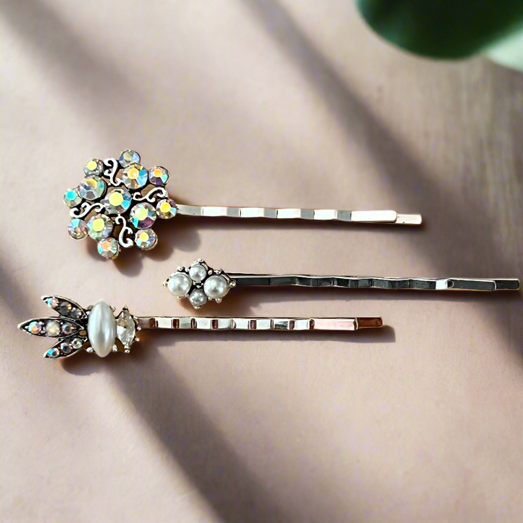 Pearl & Rhinestone Hair Pins – Set of 3 Elegant Accessories