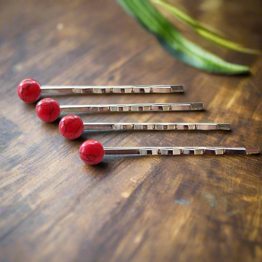 Red Stone Hair Pin Set of 4