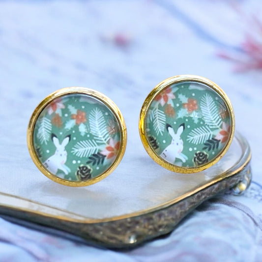 Bunny & Floral Stud Earrings – Handmade Spring Jewelry in Gold Setting