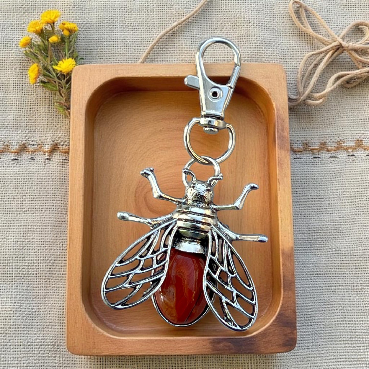 Red Jasper Bee Purse Charm – Silver Boho Bag Keychain Accessory