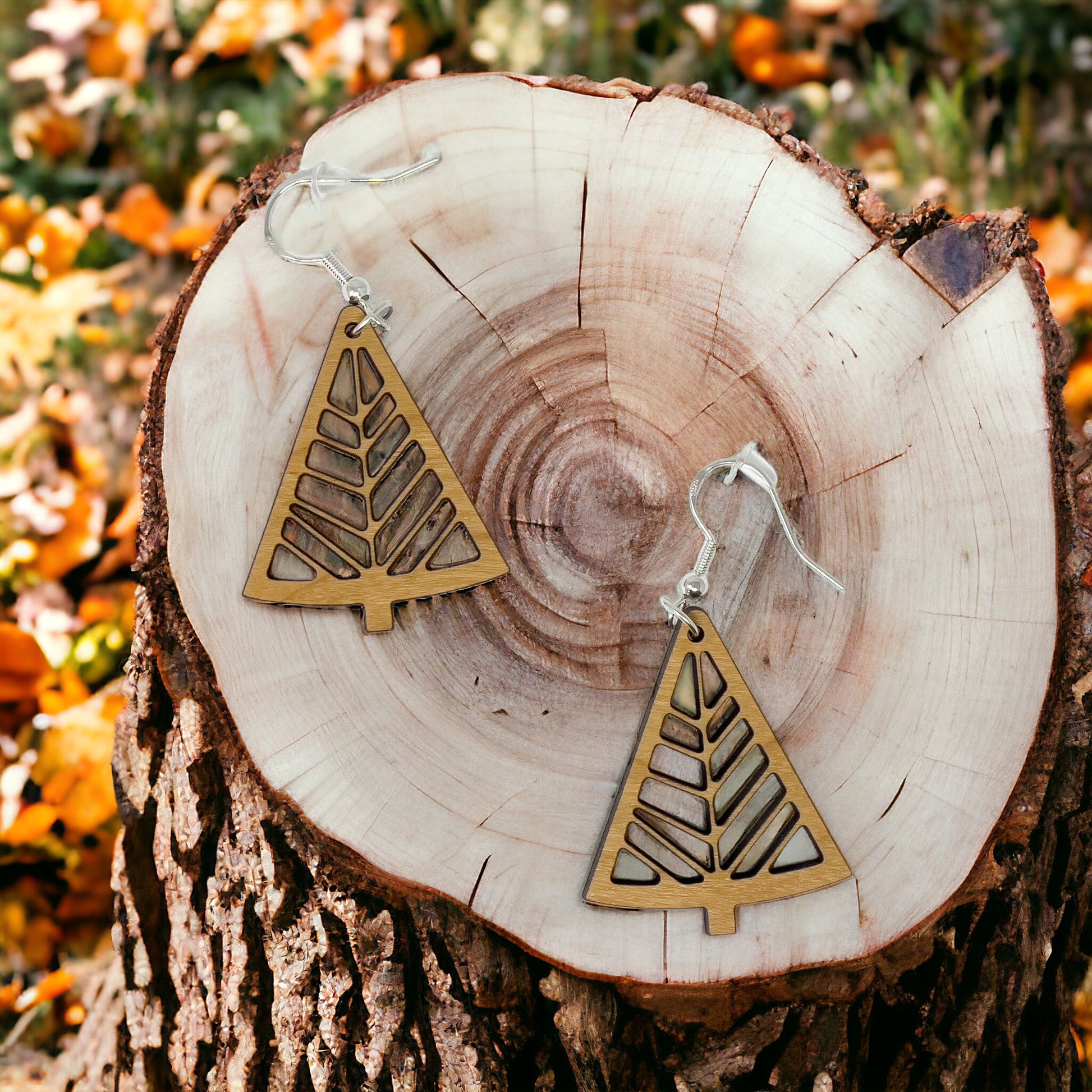 Geometric Tree Cutout Earrings – Modern Wooden Holiday Jewelry