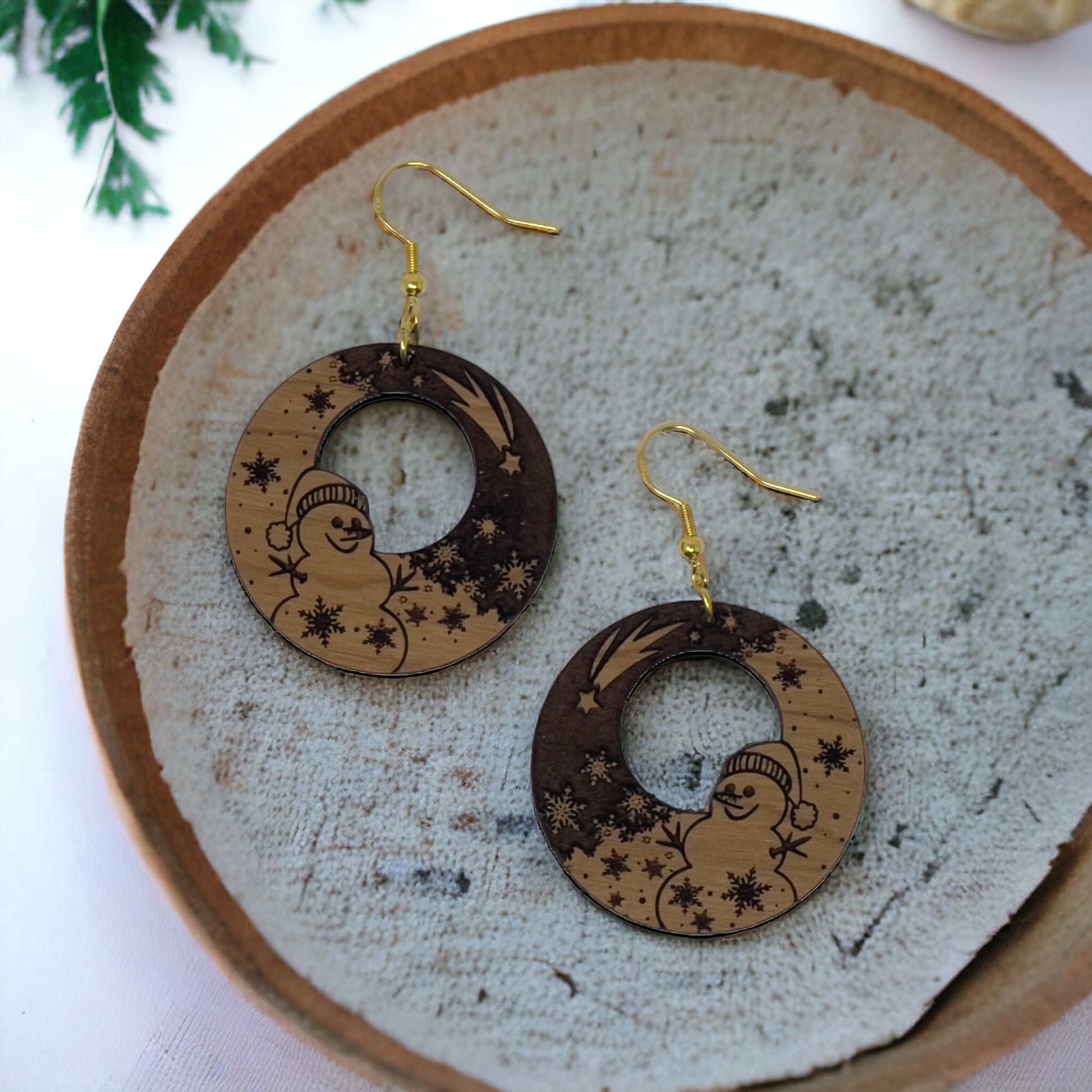 Snowman Moon Wood Earrings – Handmade Winter Holiday Jewelry