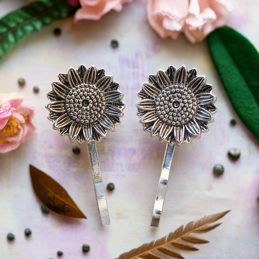 Silver Sunflower Boho Hair Pins Set of 2 Bobby Pins