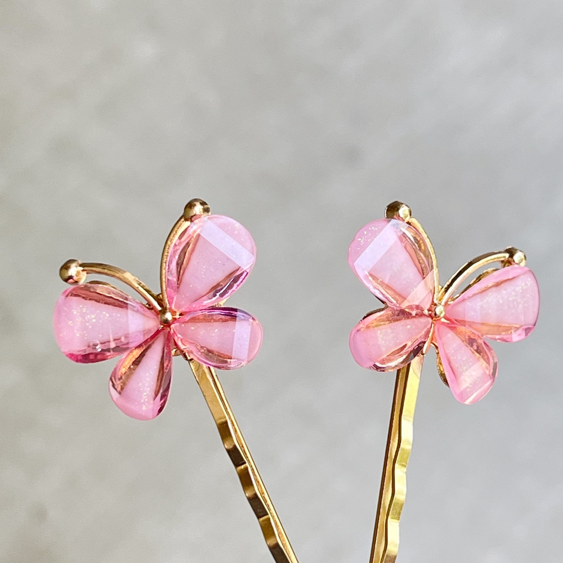 Pink Butterfly Hair Pins – Glittery Resin Hair Clips with Gold Base