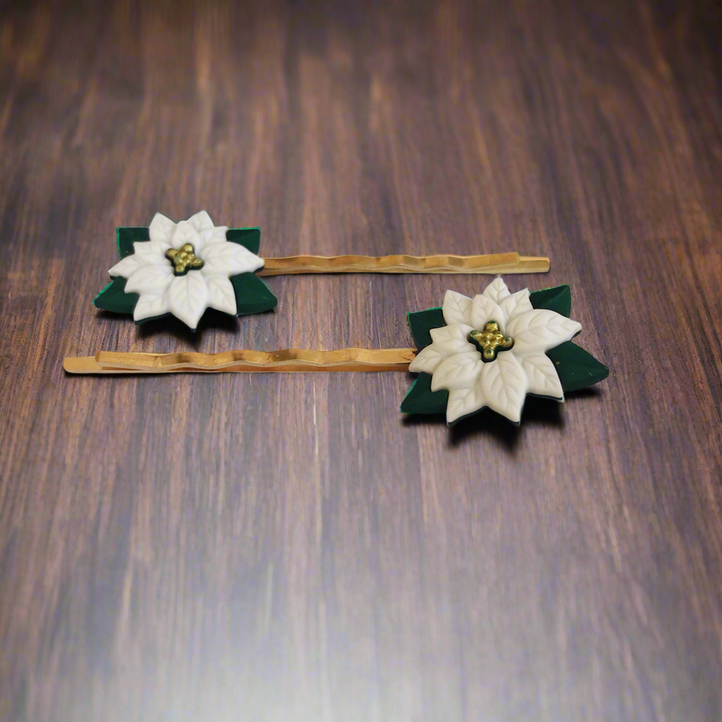 Alfileres de pelo de Navidad, alfiler de flor blanca, alfiler de pelo navideño, alfiler de pelo de crisantemo, alfiler de Holly Bobby, alfiler de pelo de mujer, alfiler de pelo de Poinsettia
