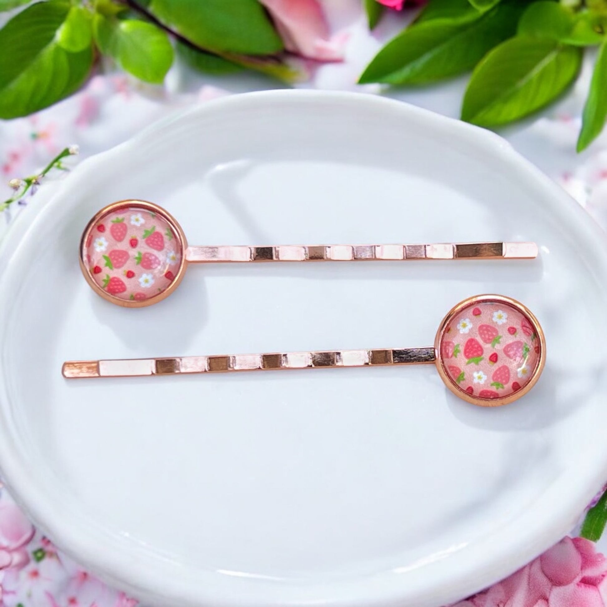 Pink Strawberry Hair Pins – Set of 2 Rose Gold Fruit-Inspired Accessories