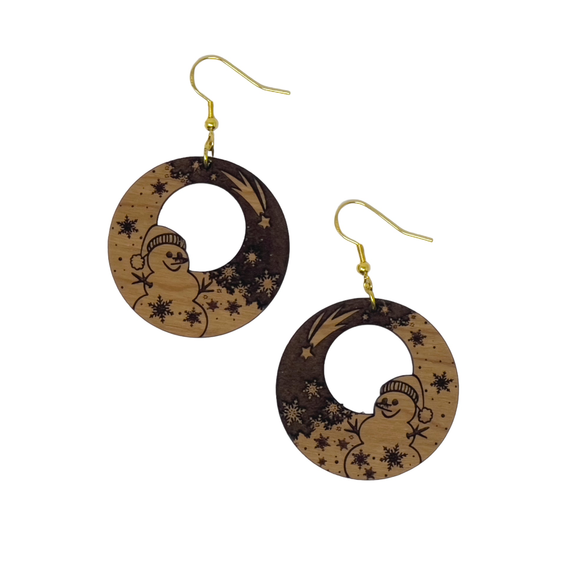 Snowman Moon Wood Earrings – Handmade Winter Holiday Jewelry