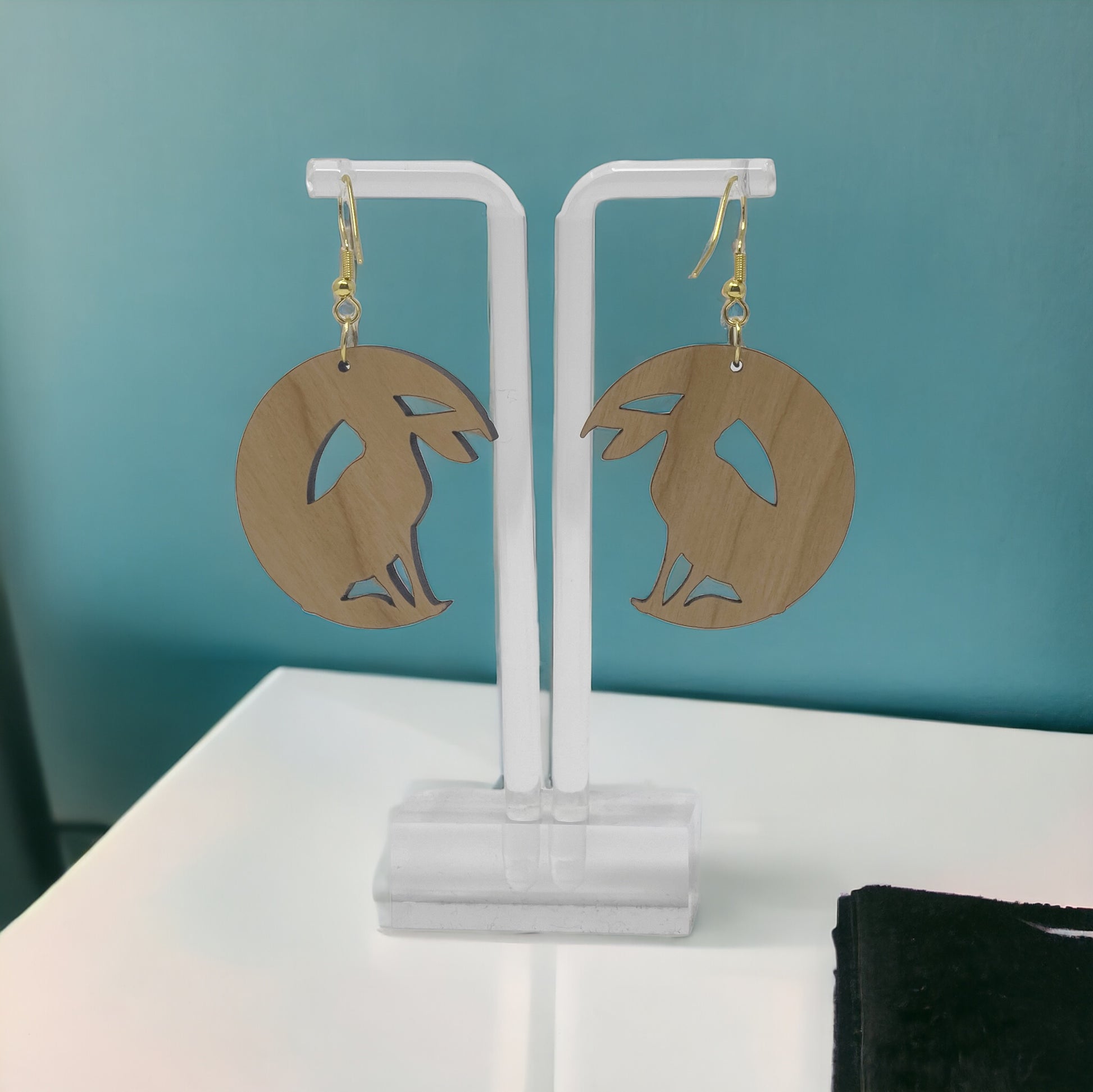 Wood Dangle Bunny & Lily Flower Easter Earrings - Boho Crescent Moon Rabbit Jewelry