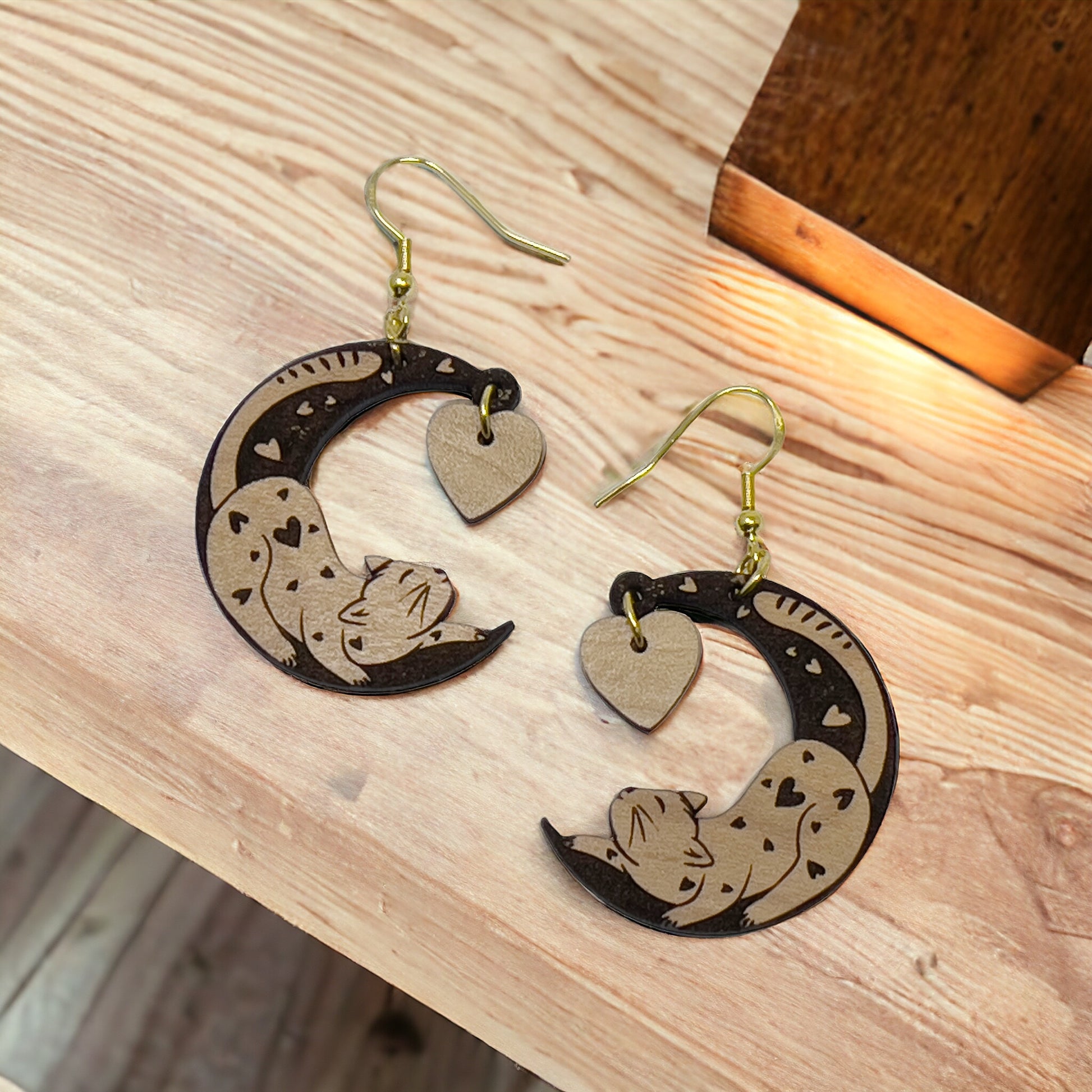 Customizable Valentines Wood Crescent Moon Cat Heart Earrings, Personalized Handcrafted Dangle Earrings, Cute Gifts for Cat Lover Girlfriend