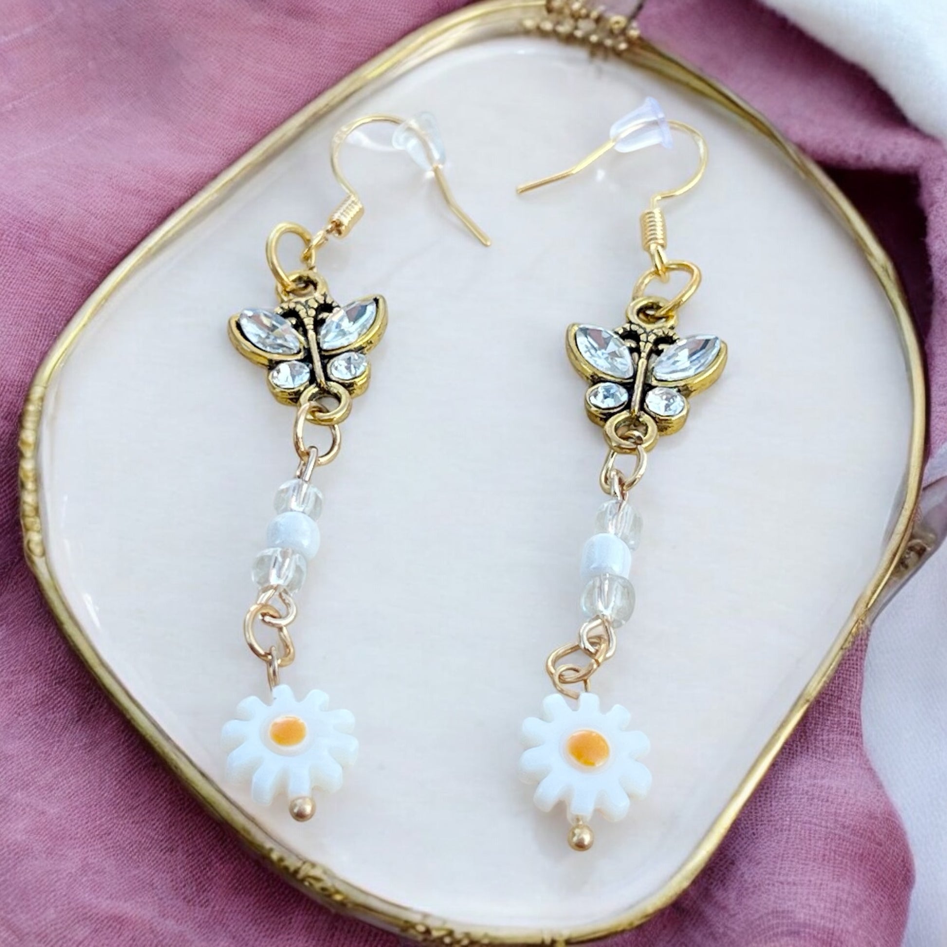 Butterfly & Daisy Earrings – Handmade Gold Floral Dangles