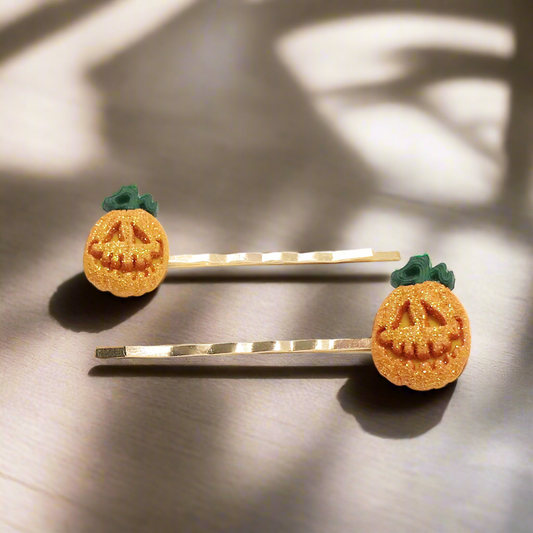 Glitter Orange Pumpkin Halloween Hair Pins - Spooky Bobby Pins