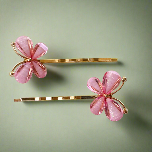 Pink Butterfly Hair Pins – Glittery Resin Hair Clips with Gold Base