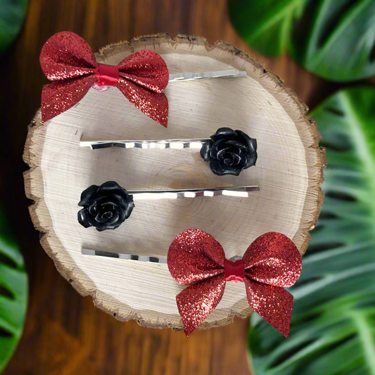 Black Rose & Red Bows Hair Pin Set - Romantic Accessories