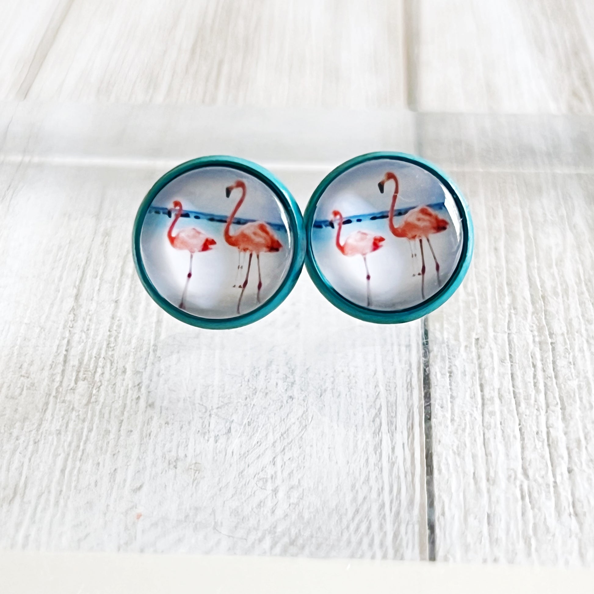 Flamingo Stud Earrings – Tropical Beach Jewelry in Teal Bezel Setting