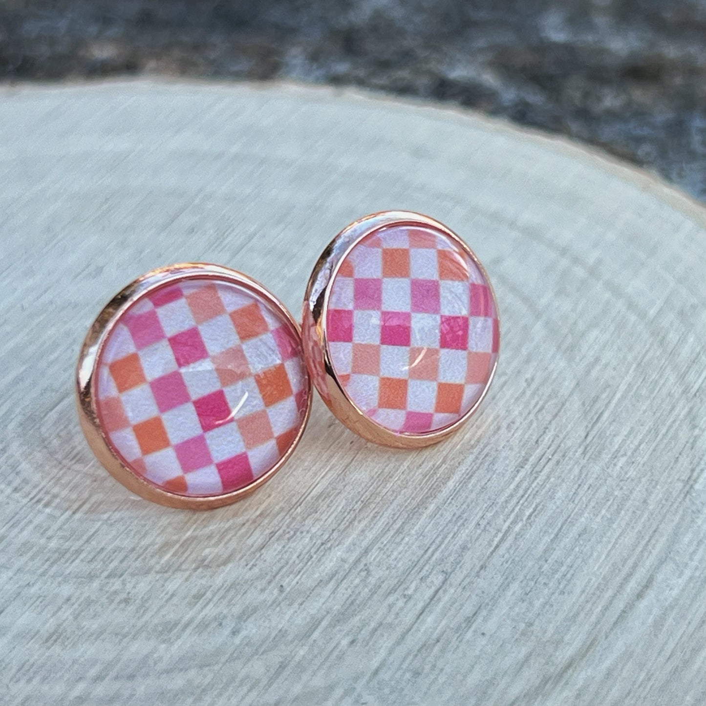 Pink & Orange Gingham Stud Earrings – Handmade Spring Jewelry