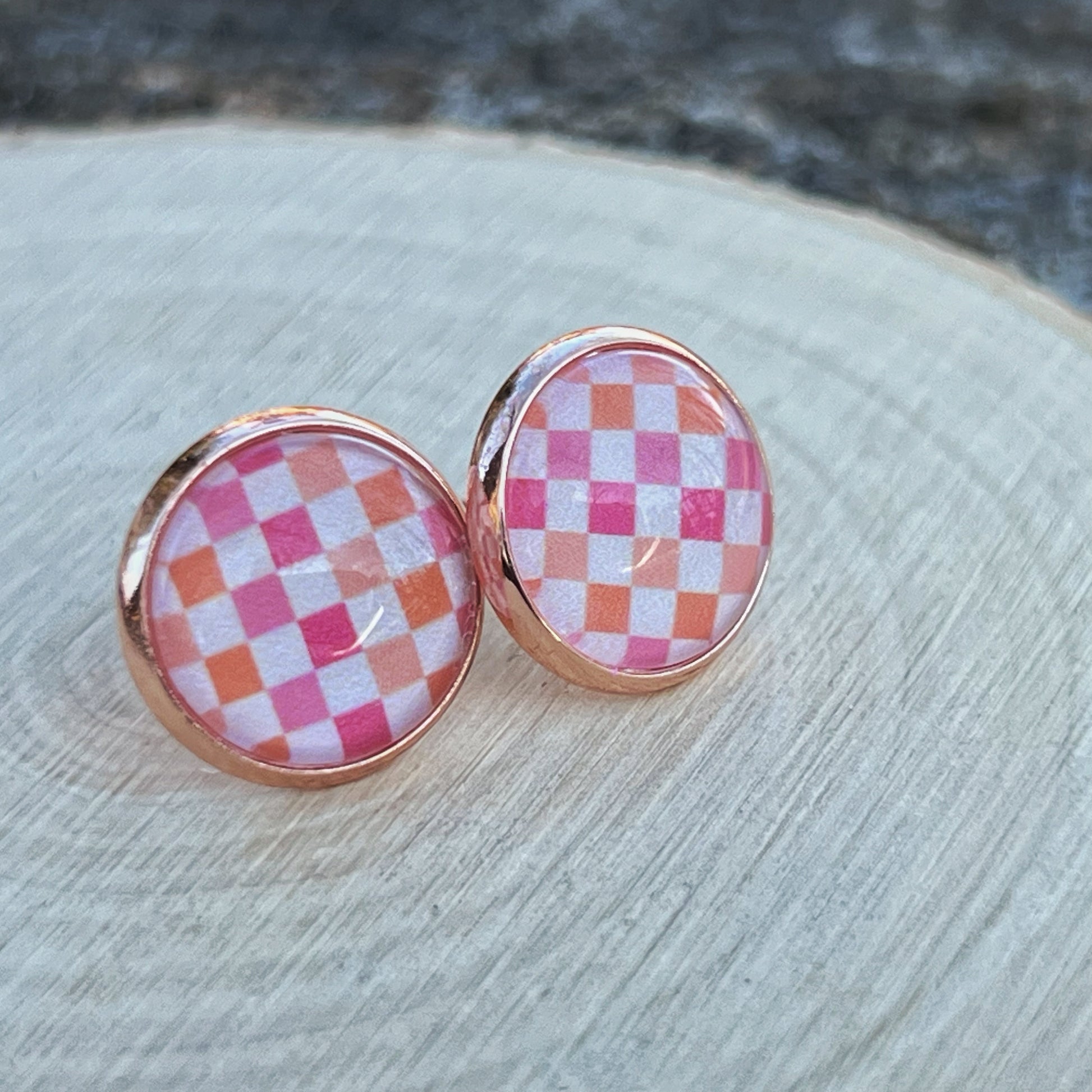 Pink & Orange Gingham Stud Earrings – Handmade Spring Jewelry