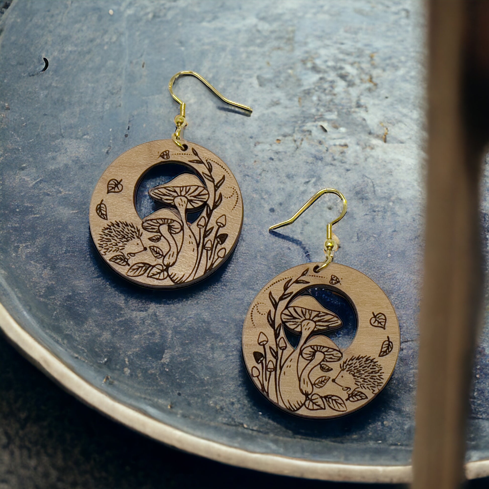 Hedgehog & Mushroom Wood Earrings – Whimsical Forest Jewelry
