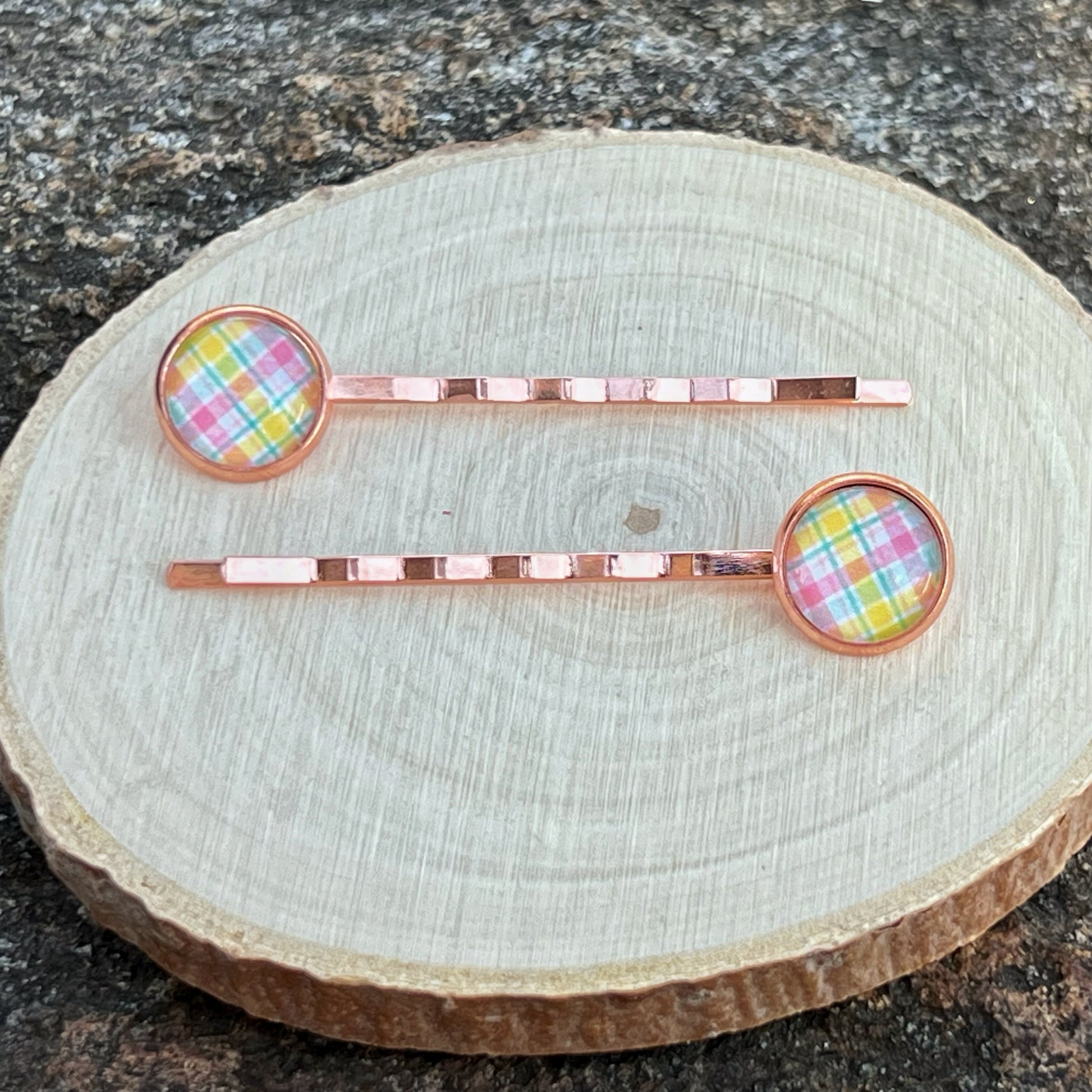 Pastel Plaid Hair Pins – Set of 2 Spring Accessories in Rose Gold