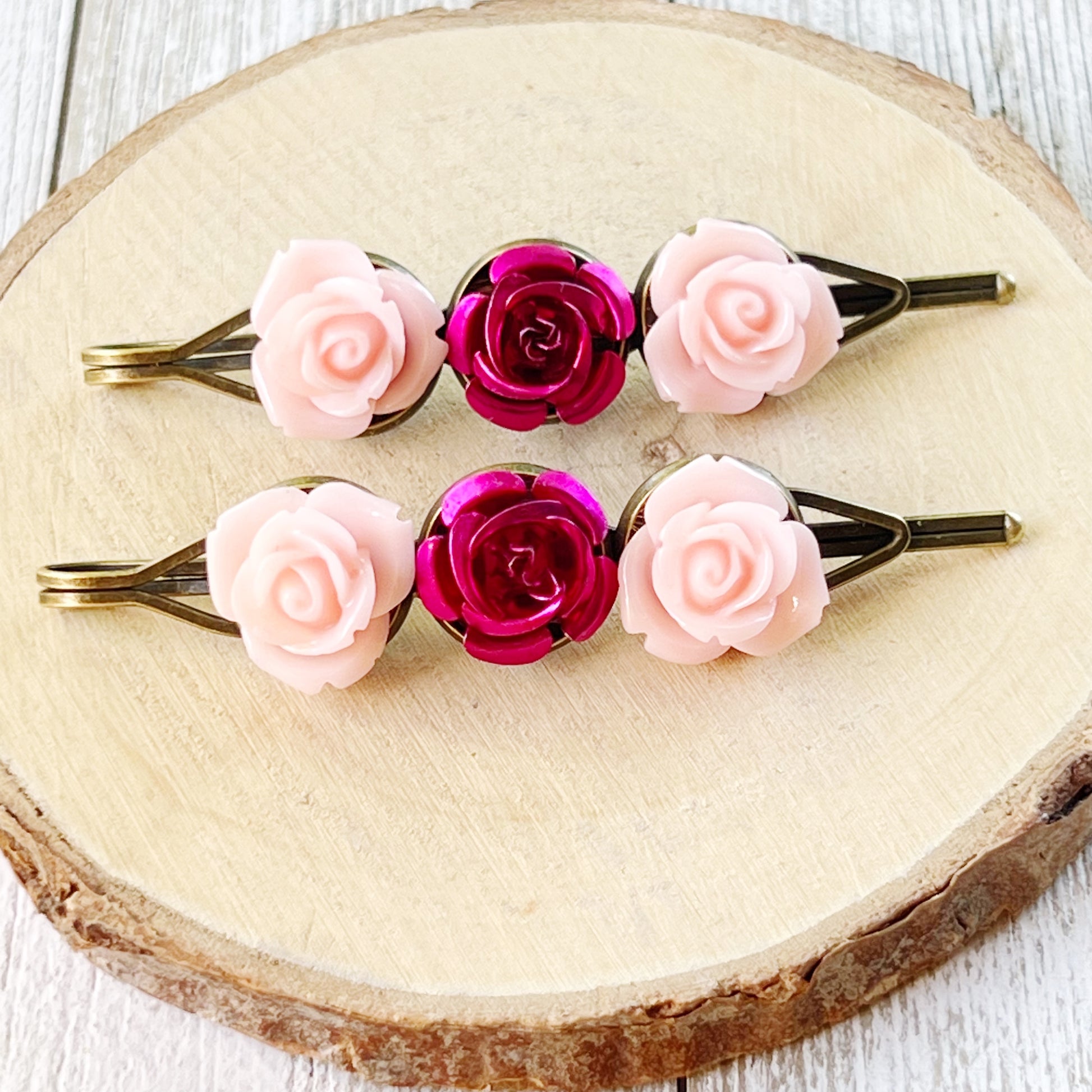 Pink & Red Rose Hair Pins – Vintage-Inspired Floral Bobby Pin Set