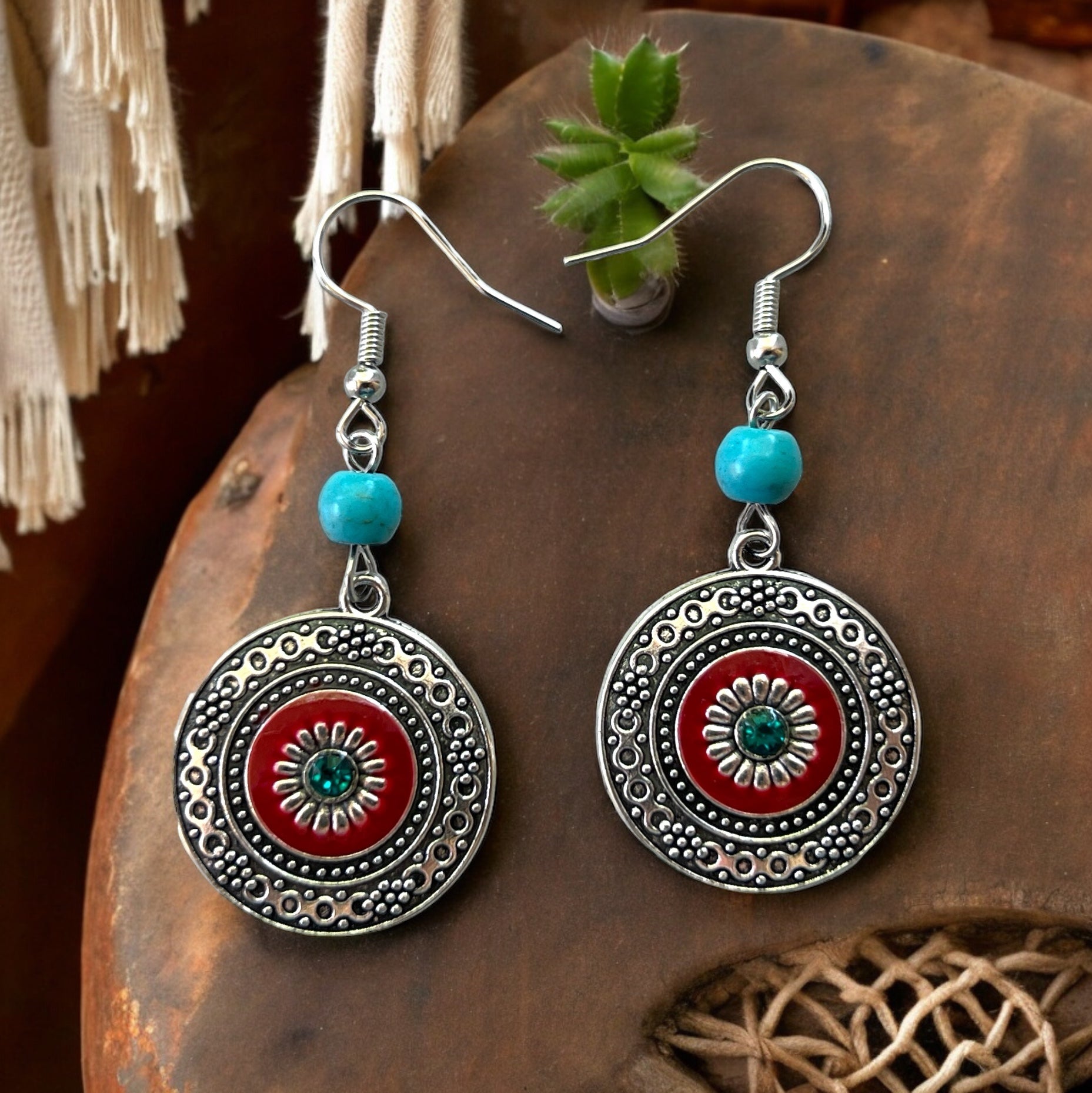 Western Medallion Earrings – Red & Turquoise Boho Dangles