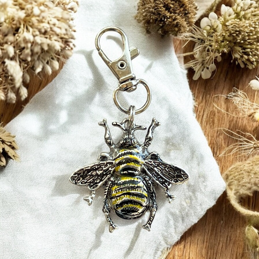 Hand Painted Silver Bee Purse Charm – Nature-Inspired Keychain