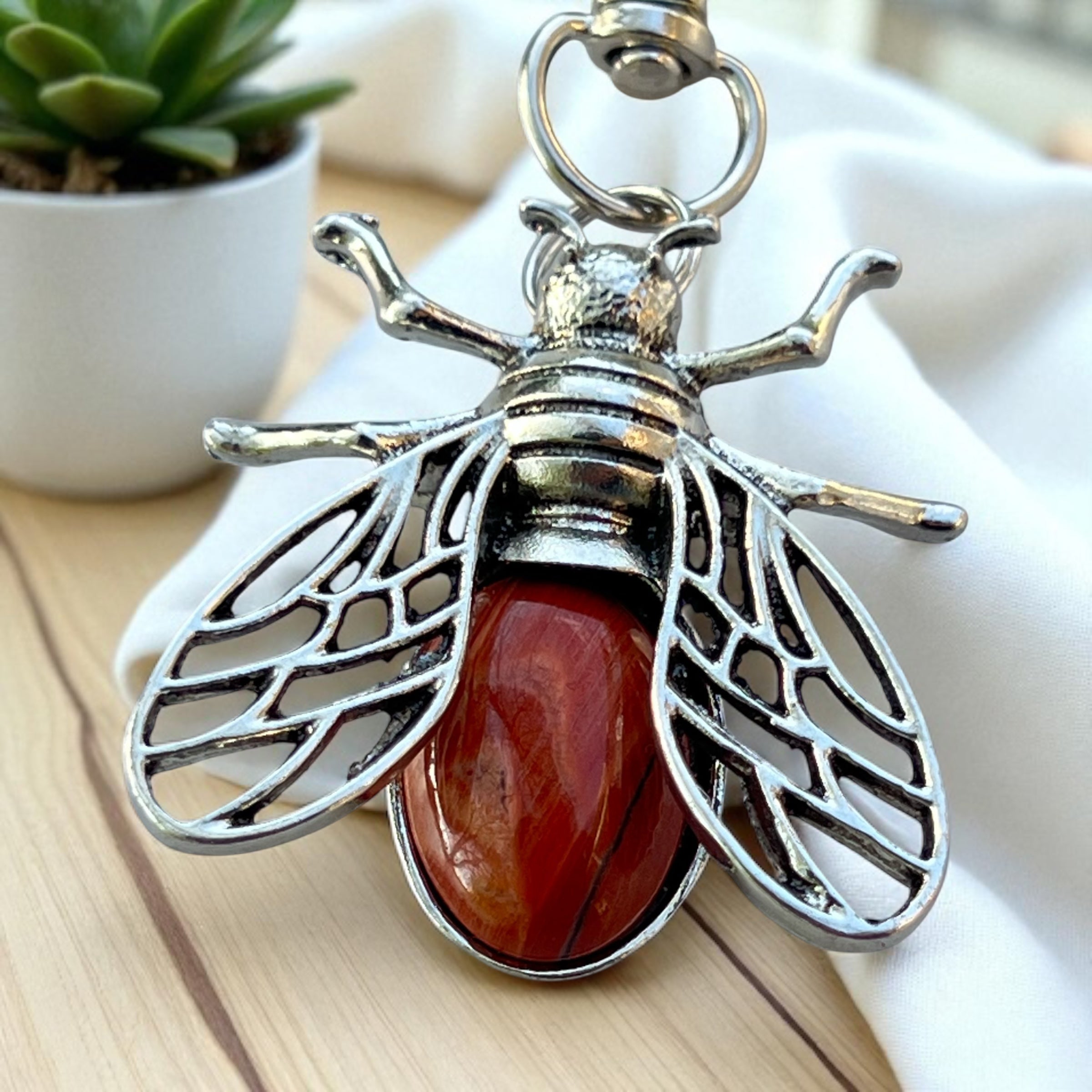 Red Jasper Bee Purse Charm – Silver Boho Bag Keychain Gift for Her