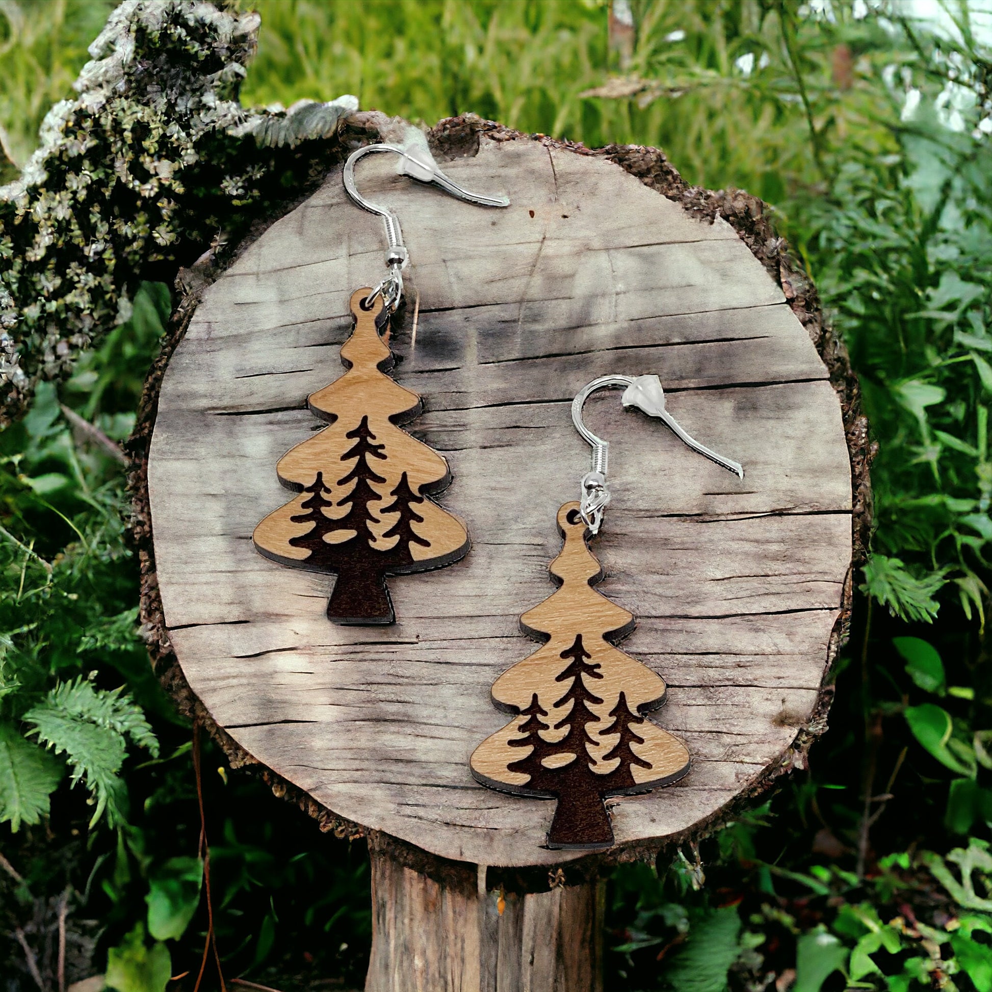 Layered Pine Tree Earrings – Rustic Woodland Forest Jewelry
