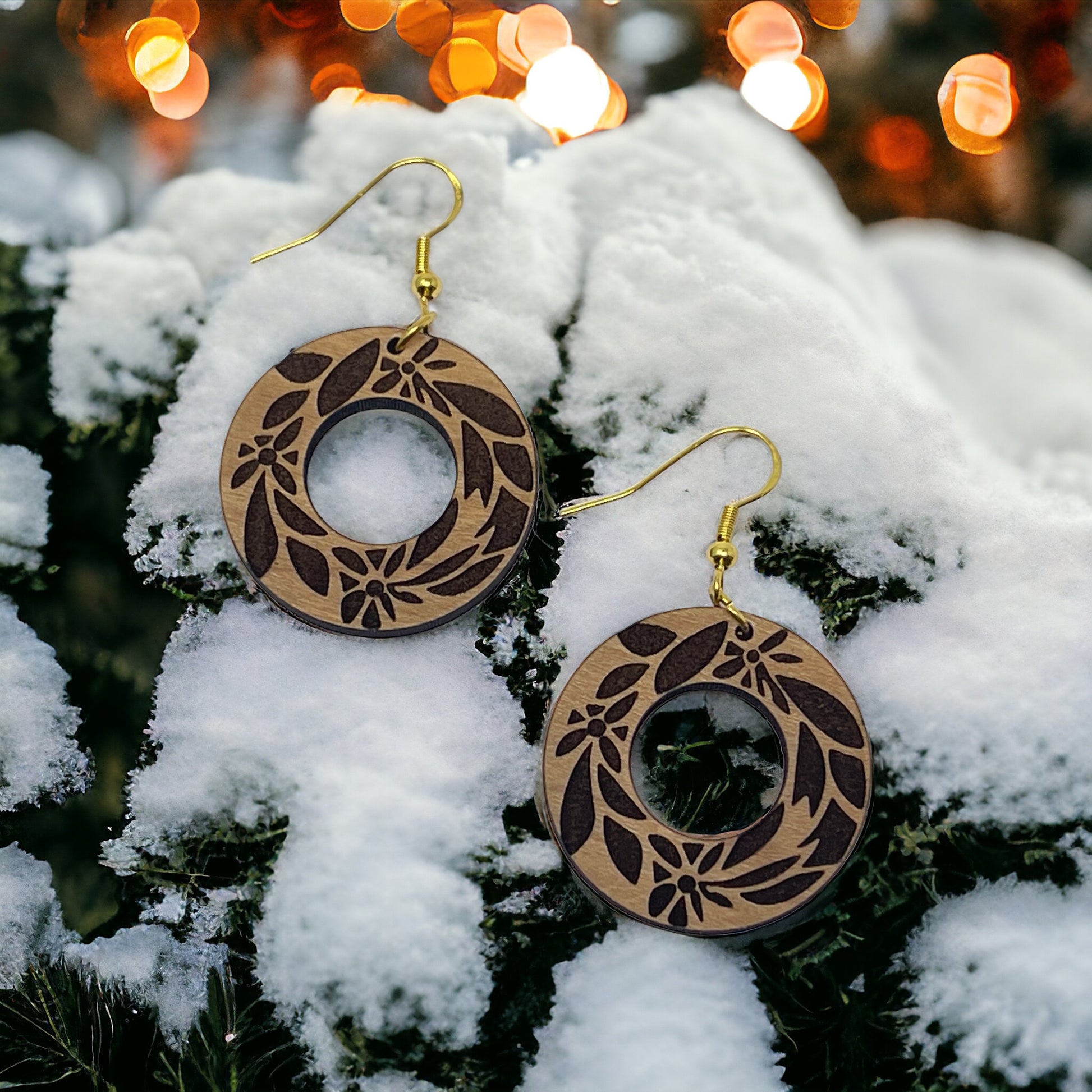 Etched Floral Circle Wood Earrings – Lightweight Boho Botanical Jewelry